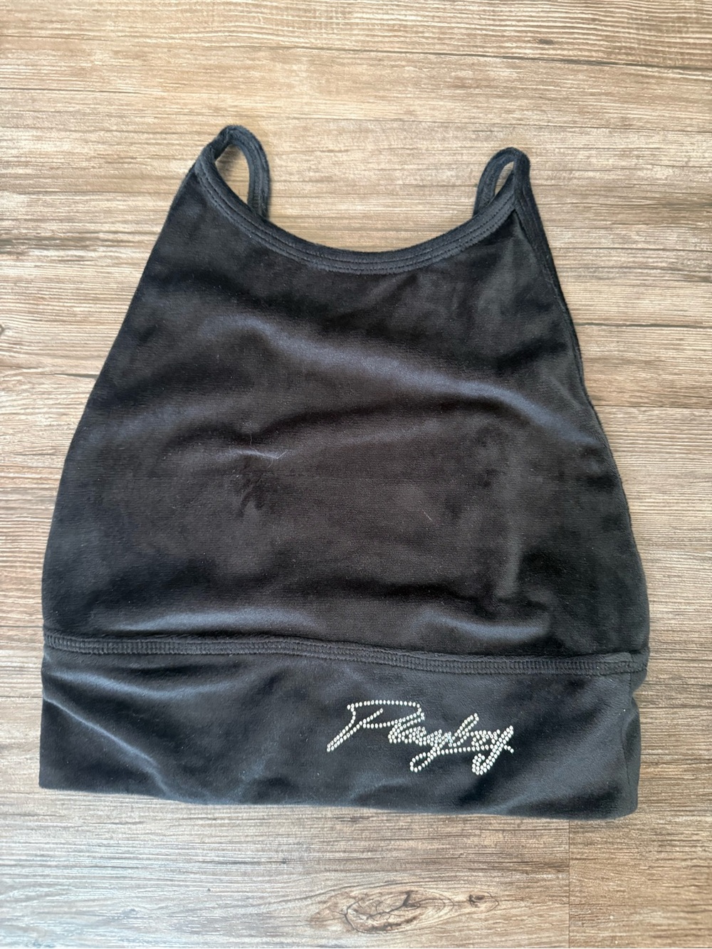 PLAYBOY Black Velvet Crop Top with Rhinestone Logo